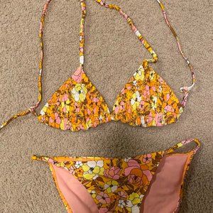 Smocked Pink Floral Triangle Bikini Top
